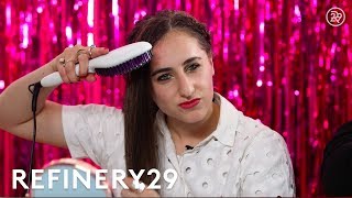 Straightening Brush Vs Flat Iron On Curls  Beauty In A Snap  Refinery29 [upl. by Nosreve]