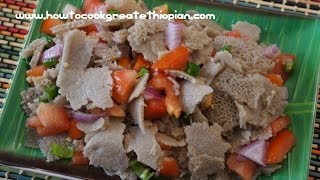 Ethiopian Food  Timatim Fitfit Recipe Injera Vegan Amharic English Fit tomatoes [upl. by Olli940]