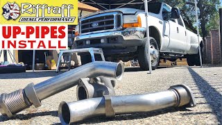 2001 F350 73  RiffRaff UpPipes Install  Stock up pipes leaking and falling apart JUNK SP [upl. by Atsejam990]